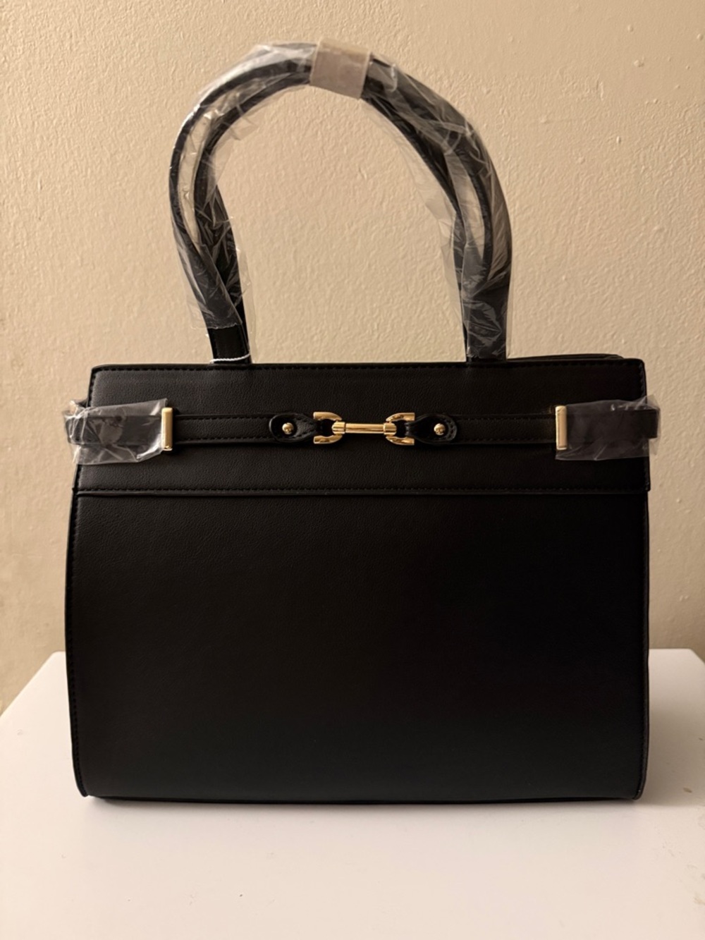 Structured Black Tote with Gold Hardware